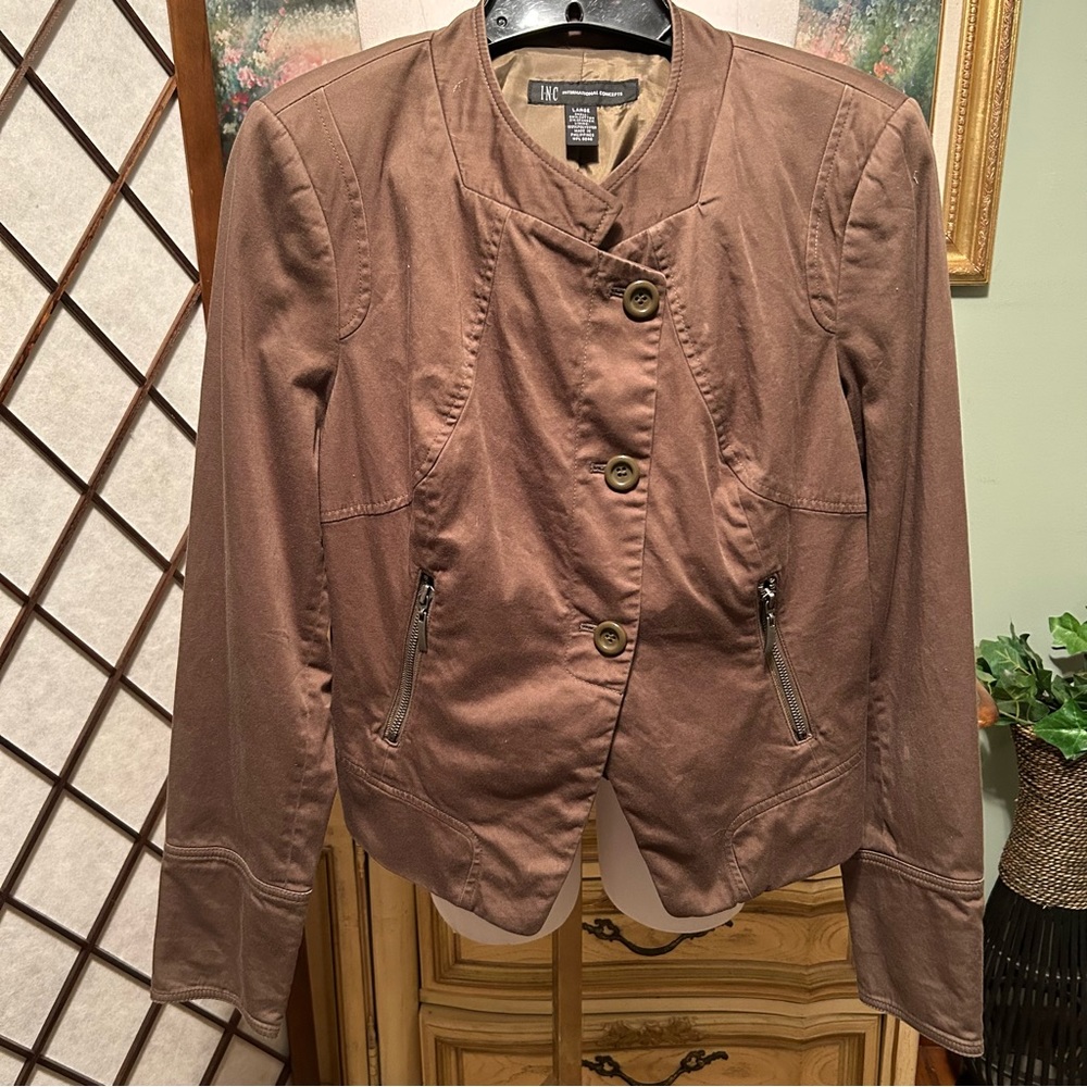 INC Brown Green Asymmetrical Button Front Military Jacket